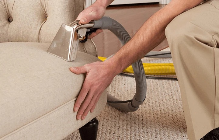 Professional technician cleaning upholstered furniture in a Newton, MA home.