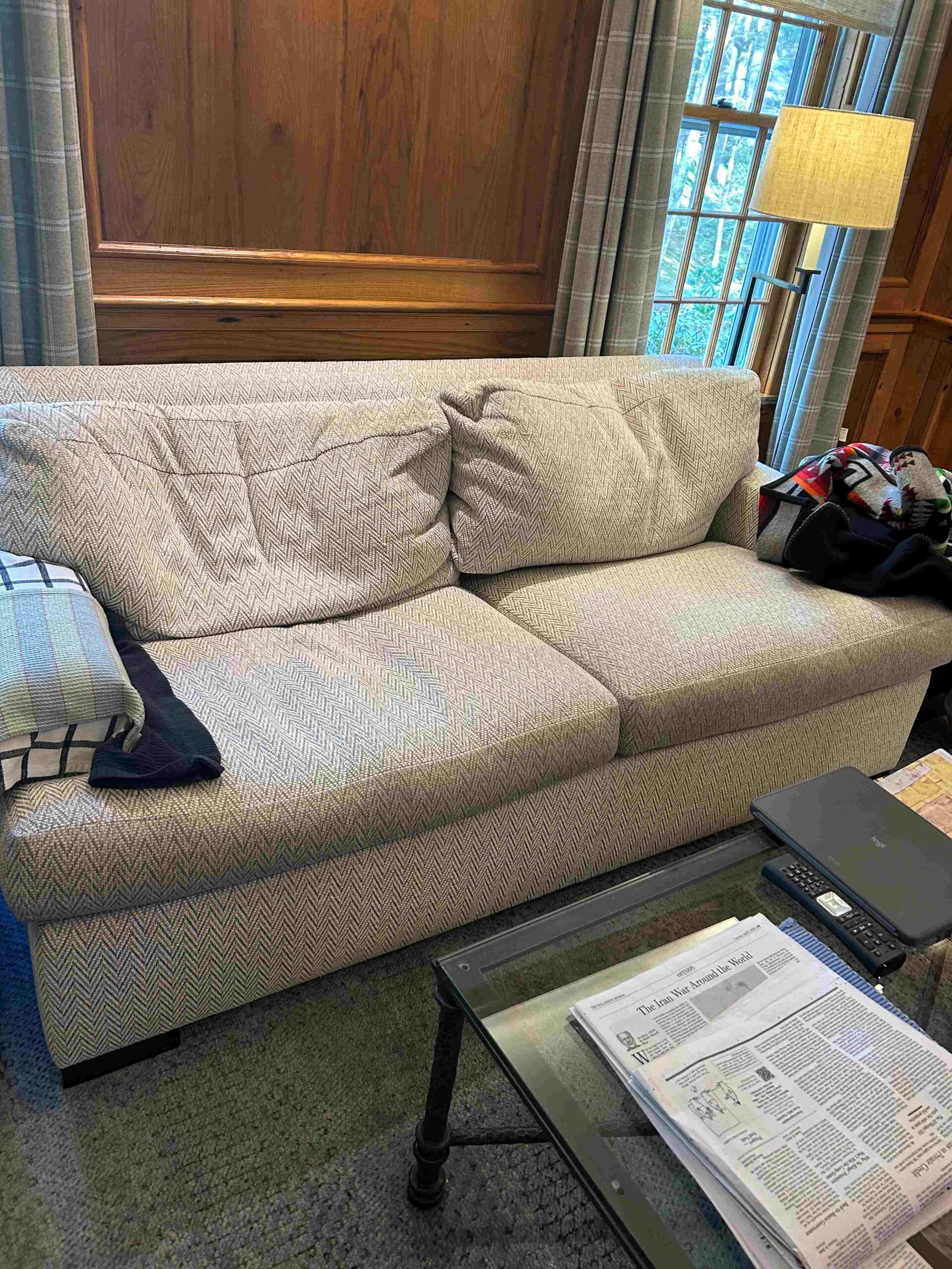 Beautiful upholstered sofa in a client's home professionally cleaned by Alec's Carpet & Upholstery Cleaning.