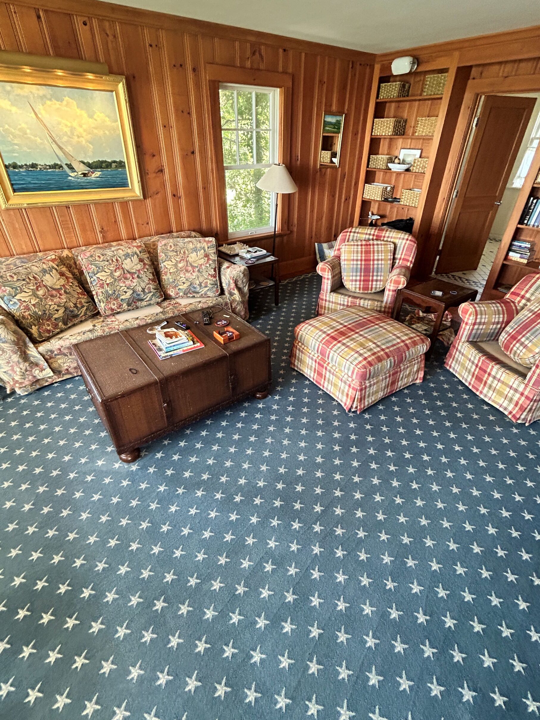 Blue carpet with white star pattern in a residential living room
