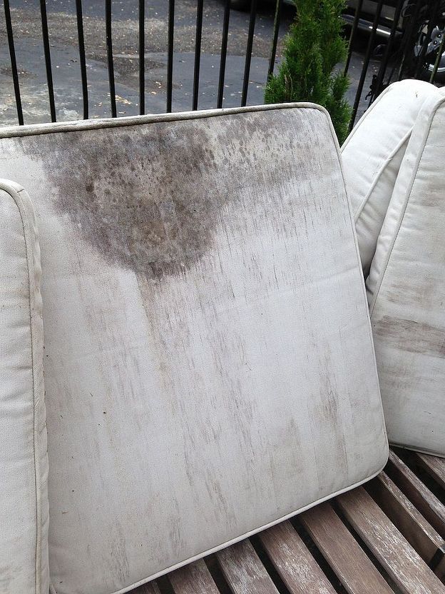 Dirty and stained outdoor cushion requiring professional cleaning